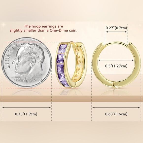 14K Yellow Gold with Purple Amethyst Cubic Zirconia Princess Cut Huggie Earrings - Picture 3 of 5